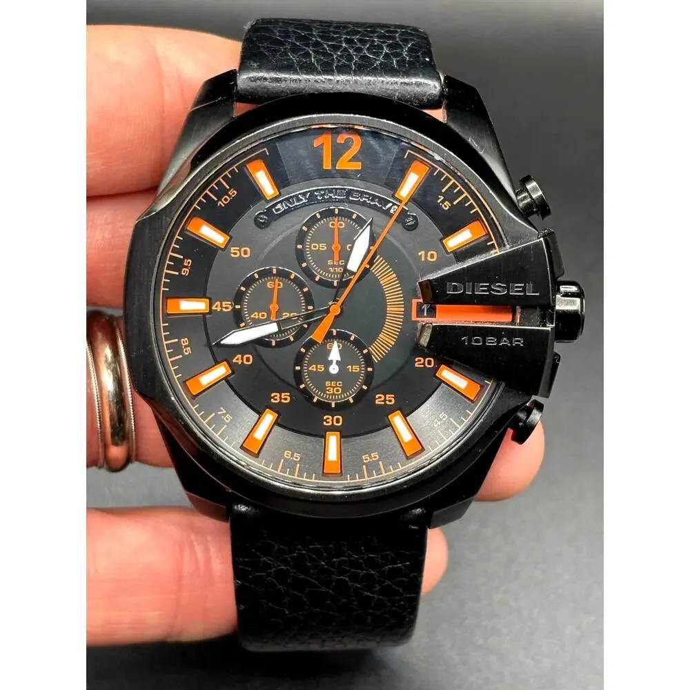 Diesel Mega Chief DZ4291 Black Orange Chronograph Leather Men's Watch 51mm